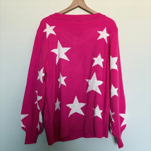 Judith March Hot Pink Star Mama Sweater V Neck Pullover Small Oversized Dopamine - Picture 3 of 6